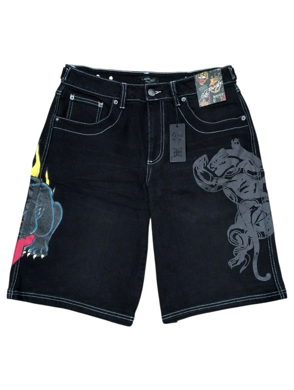 Vintage ED HARDY BLACK PANTHER SHORTS WOMENS MEDIUM NWT Bermuda Baggy Denim NWT